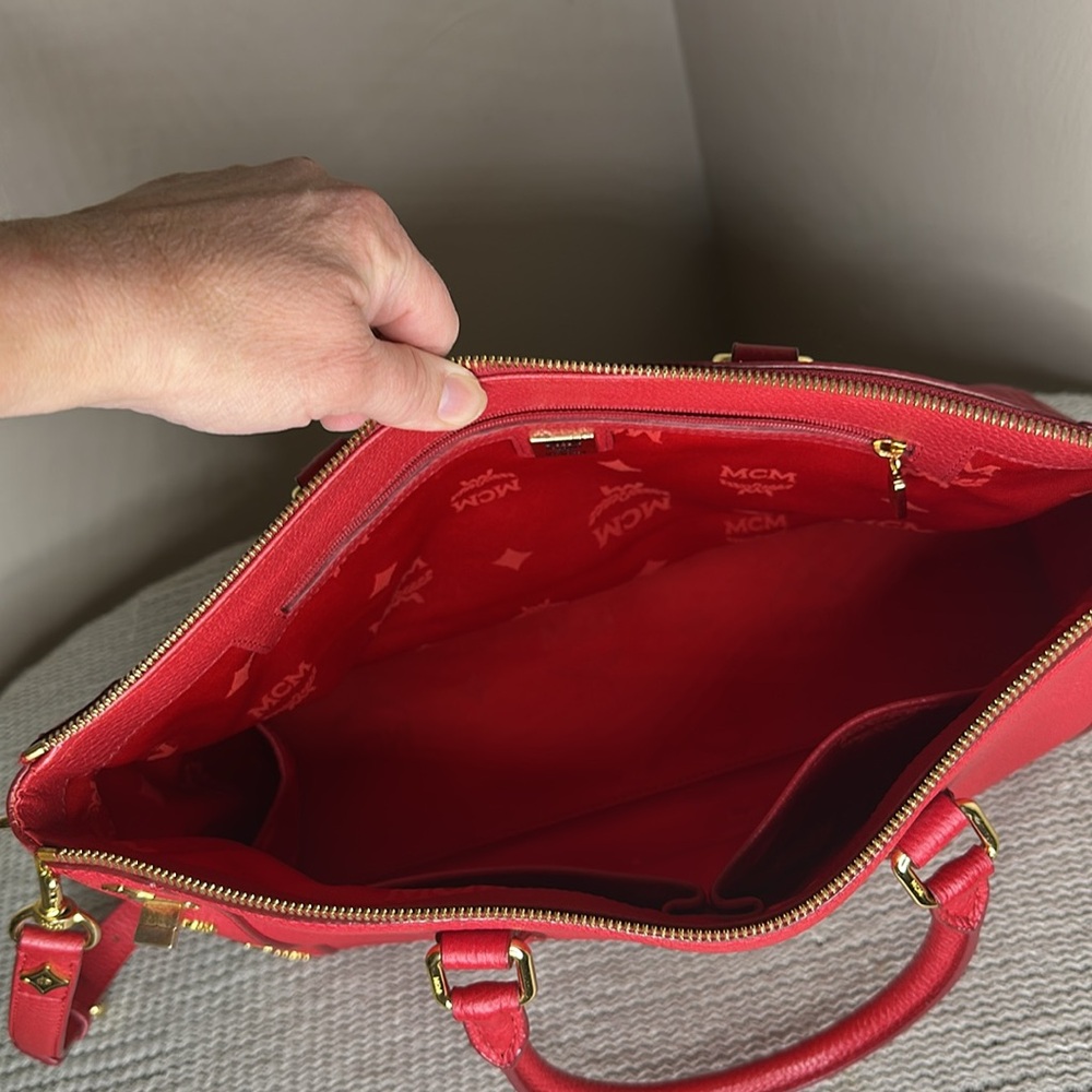 MCM Large Red Leather Studded Crossbody Tote Bag - Picture 10 of 15
